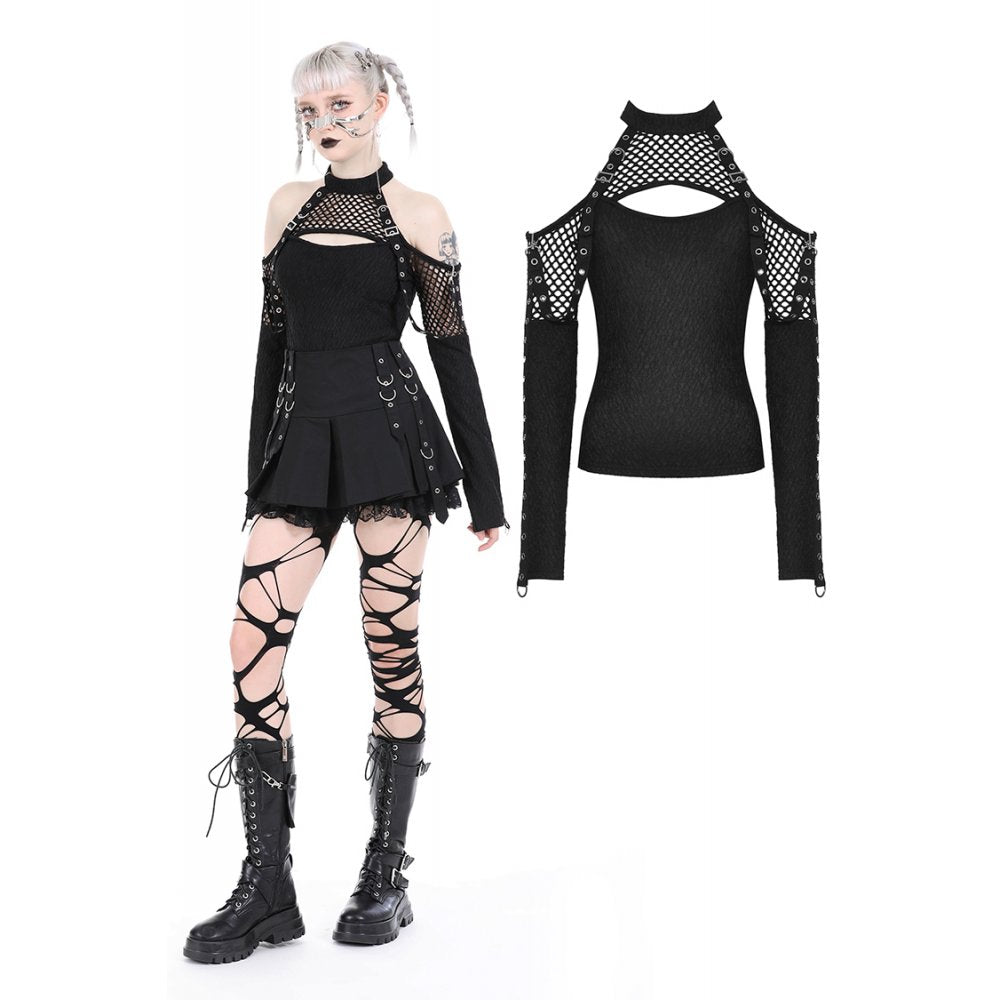 Dark in Love Kadin off shoulder top gothic black halter neck mesh sleeve top front view