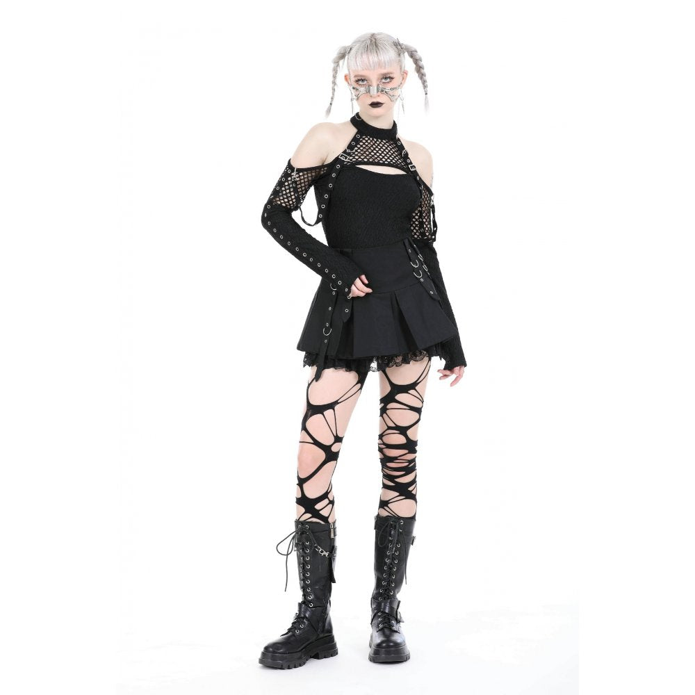 Dark in Love Kadin off shoulder top worn by model gothic black halter neck top