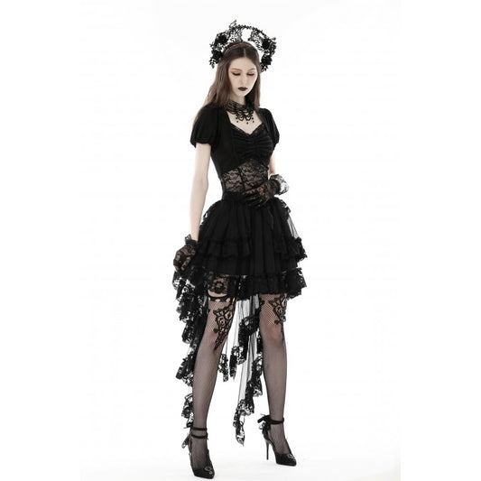 Dark in Love Lolisa skirt front and back view black lace high-low gothic skirt design