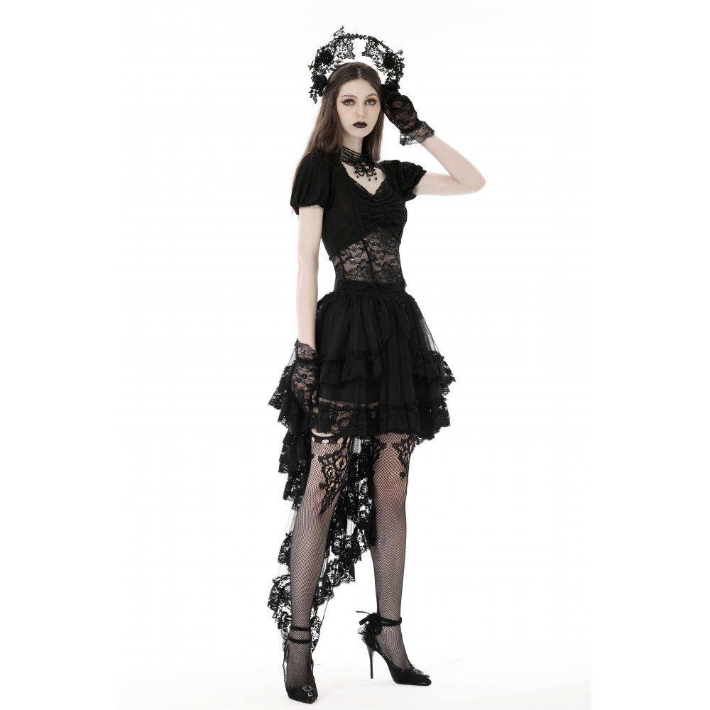 Dark in Love Lolisa skirt front view black lace gothic skirt with layered high-low hem