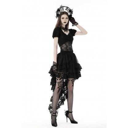 Dark in Love Lolisa skirt front view black lace gothic skirt with layered high-low hem
