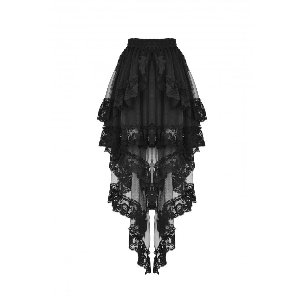 Dark in Love Lolisa skirt front view black lace gothic skirt with layered high-low hem