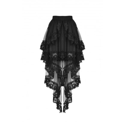 Dark in Love Lolisa skirt front view black lace gothic skirt with layered high-low hem
