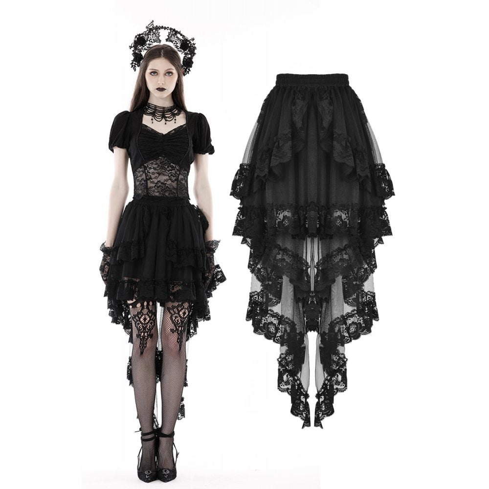 Dark in Love Lolisa skirt black gothic high-low lace skirt worn on model with layered hem