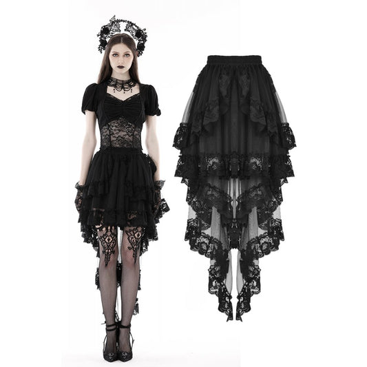 Dark in Love Lolisa skirt black gothic high-low lace skirt worn on model with layered hem
