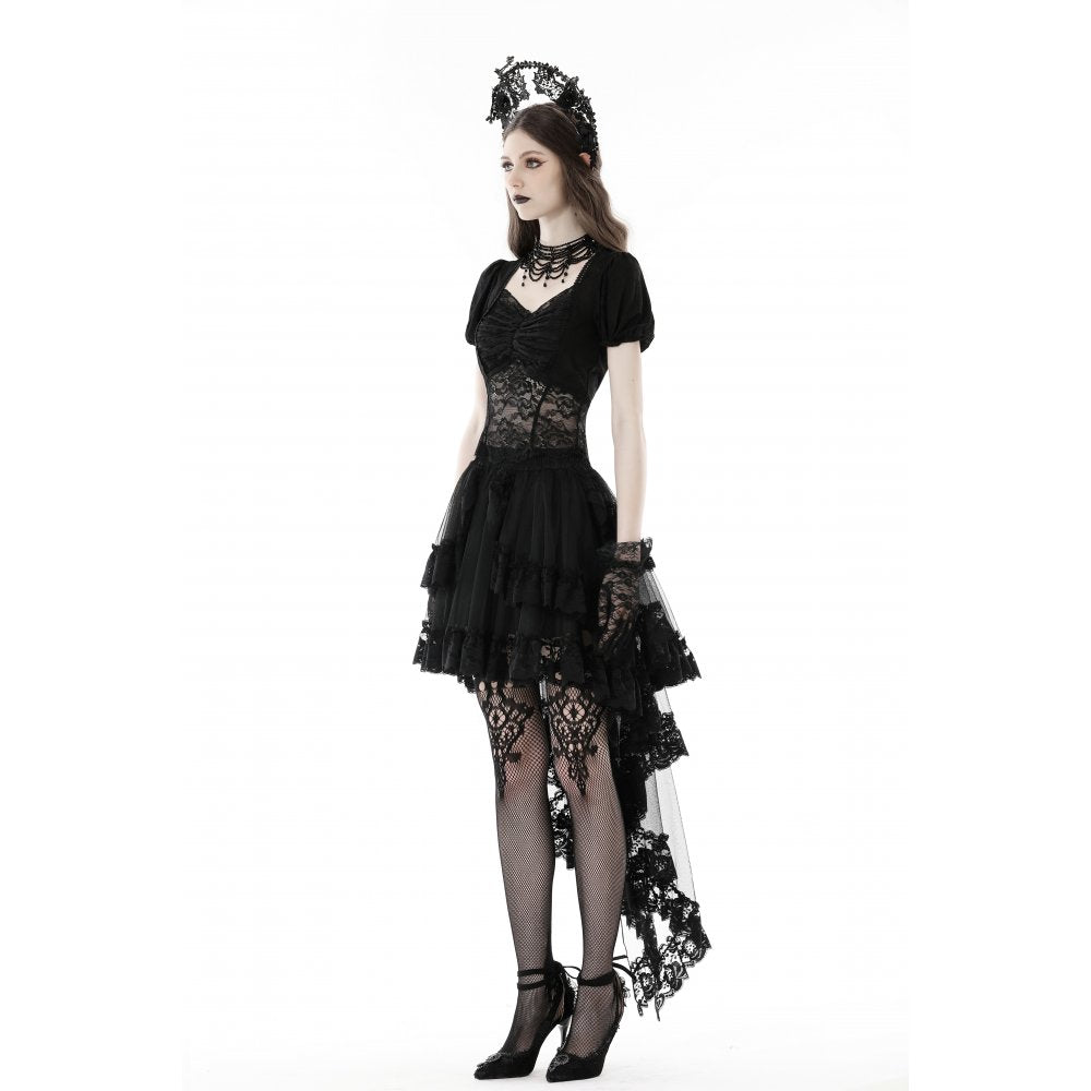 Dark in Love Lolisa skirt worn on model walking black lace high-low skirt with flowing hem