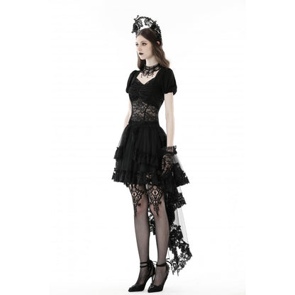 Dark in Love Lolisa skirt worn on model walking black lace high-low skirt with flowing hem