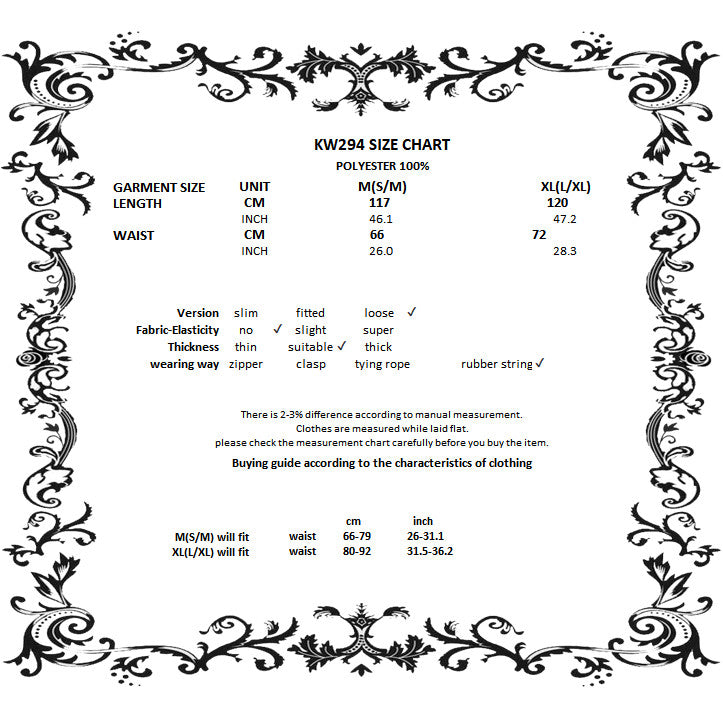 Dark in Love Lolisa skirt size chart with measurements for gothic lace high-low skirt