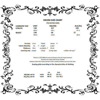 Dark in Love Lolisa skirt size chart with measurements for gothic lace high-low skirt