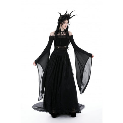 Dark in Love Mara long sleeve top front and back view black gothic mesh off shoulder top