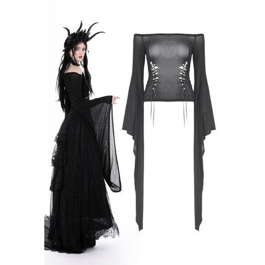 Dark in Love Mara long sleeve top black gothic mesh off shoulder top with long bell sleeves worn on model