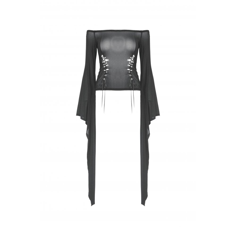 Dark in Love Mara long sleeve top flat lay front view black gothic mesh off shoulder top