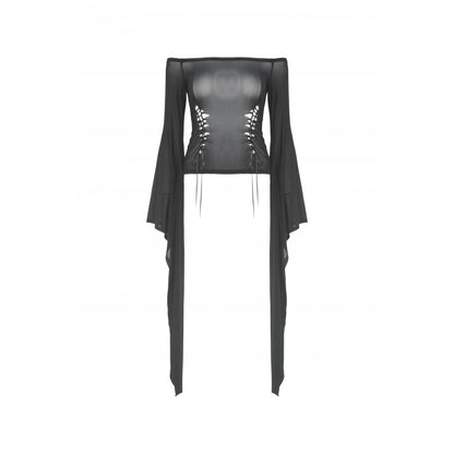Dark in Love Mara long sleeve top flat lay front view black gothic mesh off shoulder top