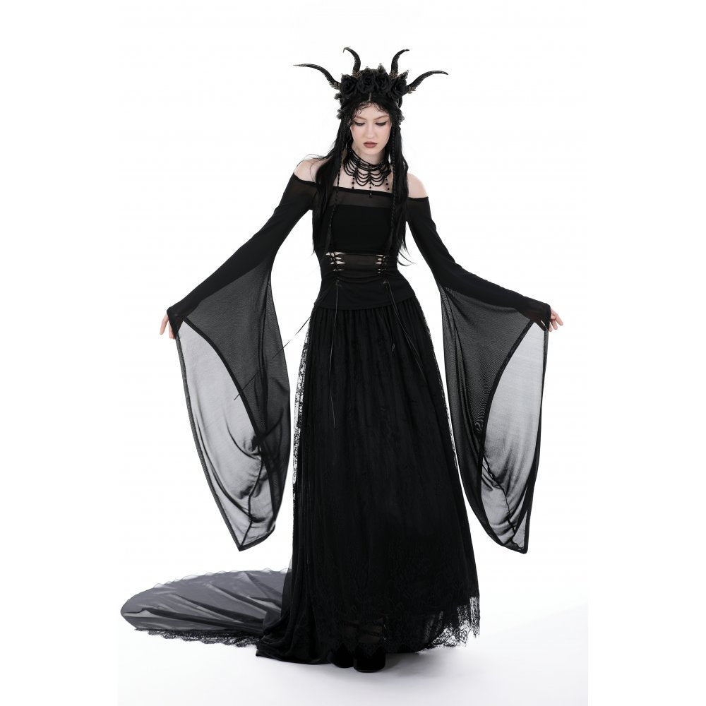 Dark in Love Mara long sleeve top styled on model black gothic off shoulder mesh top outfit