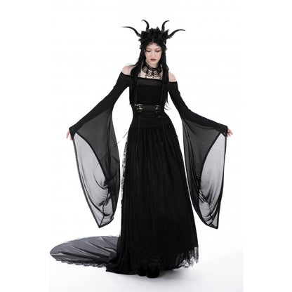 Dark in Love Mara long sleeve top styled on model black gothic off shoulder mesh top outfit