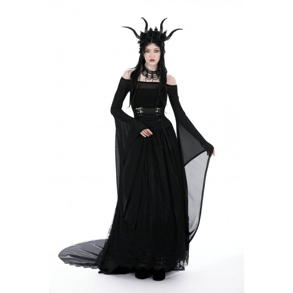 Dark in Love Mara long sleeve top worn on model black gothic mesh bell sleeve top silhouette