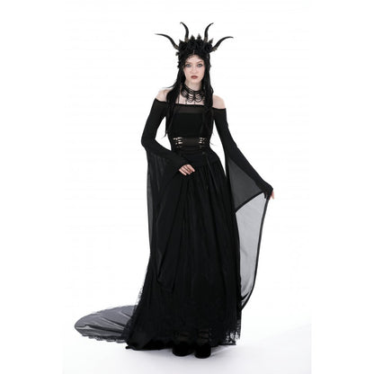 Dark in Love Mara long sleeve top worn on model black gothic mesh bell sleeve top silhouette