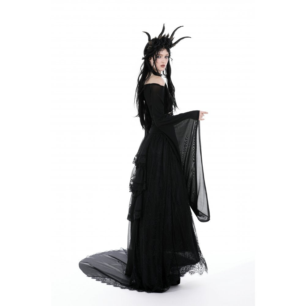 Dark in Love Mara long sleeve top worn on model black gothic off shoulder mesh top with bell sleeves