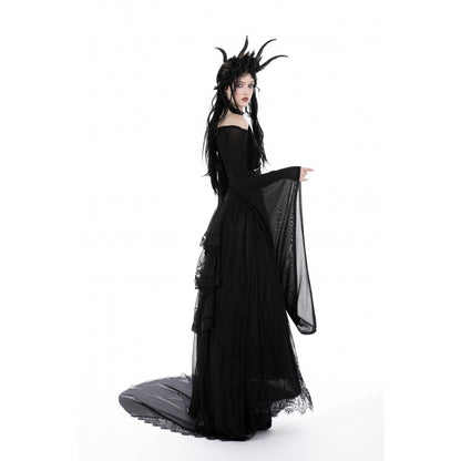 Dark in Love Mara long sleeve top worn on model black gothic off shoulder mesh top with bell sleeves