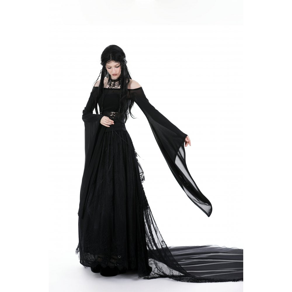 Dark in Love Mara long sleeve top side view black gothic mesh off shoulder top design