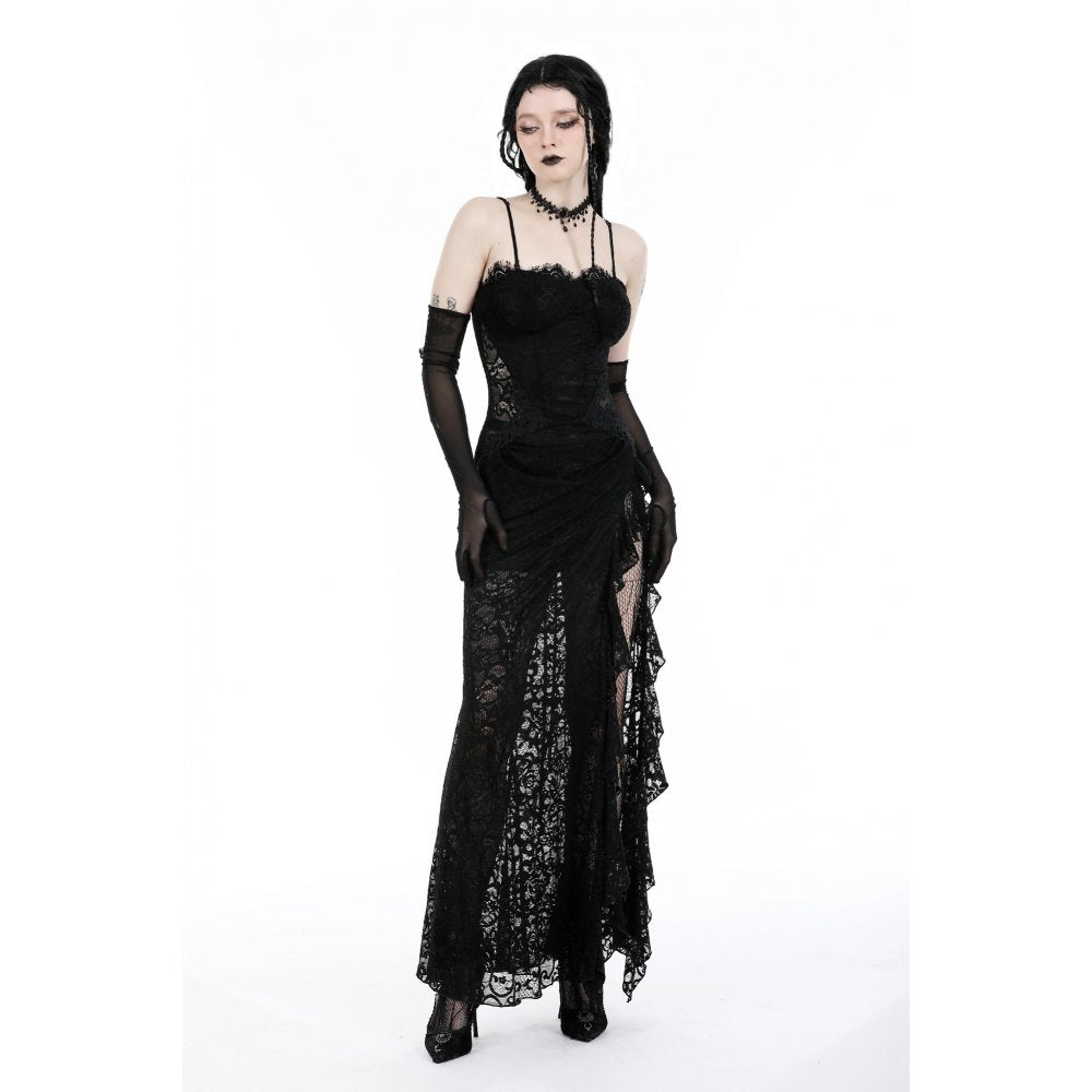 Dark in Love Naiara gothic lace dress elegant pose showing side slit

