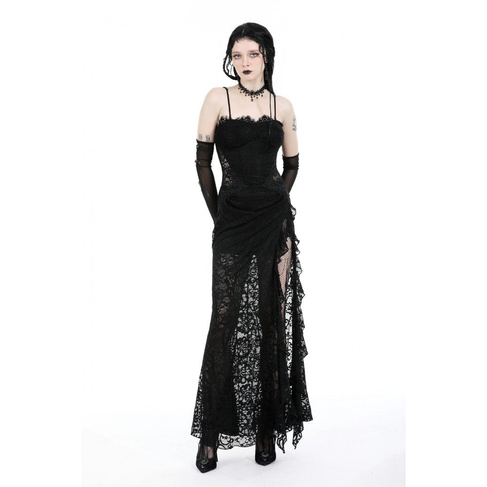 Dark in Love Naiara lace dress model standing wearing gothic lace maxi dress
