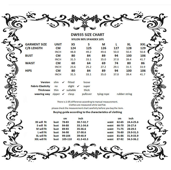 Dark in Love Naiara lace dress size chart measurement guide