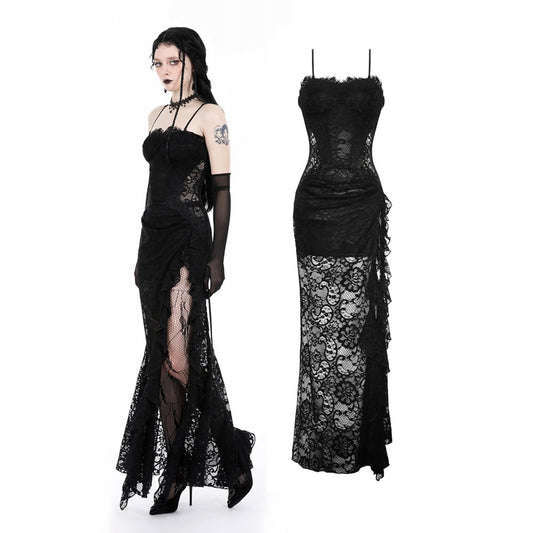 Dark in Love Naiara lace dress gothic black lace maxi dress with side slit front view