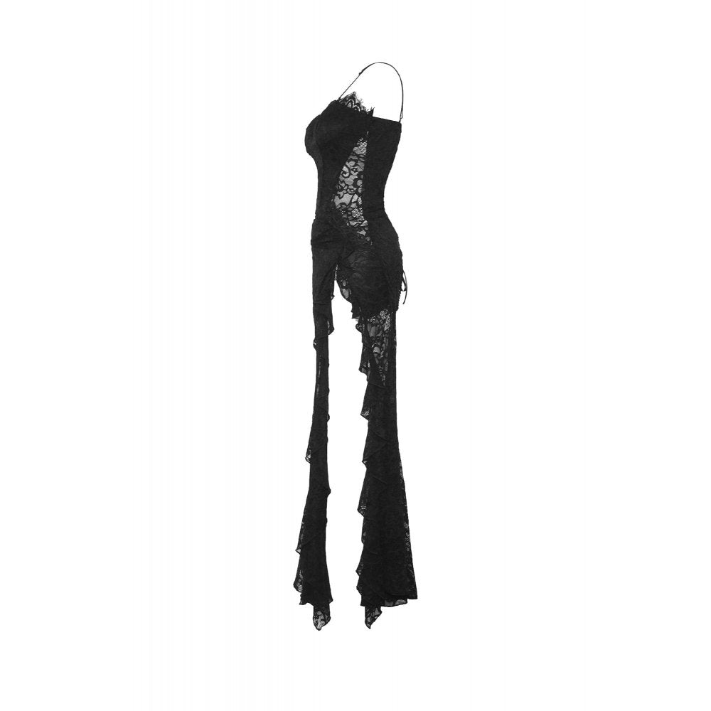 Dark in Love Naiara lace dress side view showing dramatic side slit gothic maxi dress