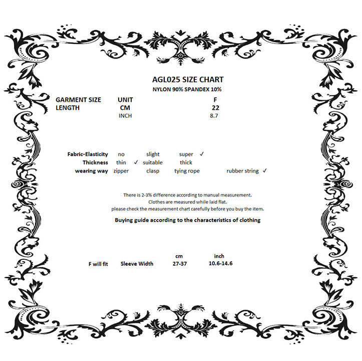 Dark in Love Ottilie gothic lace fingerless gloves size chart measurement guide