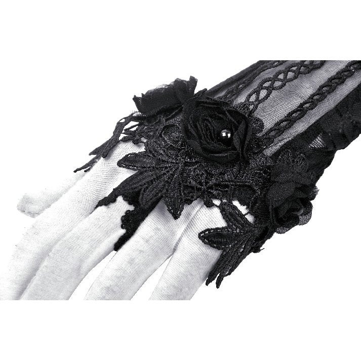 Dark in Love Ottilie black lace fingerless gloves pair with intricate gothic embroidery