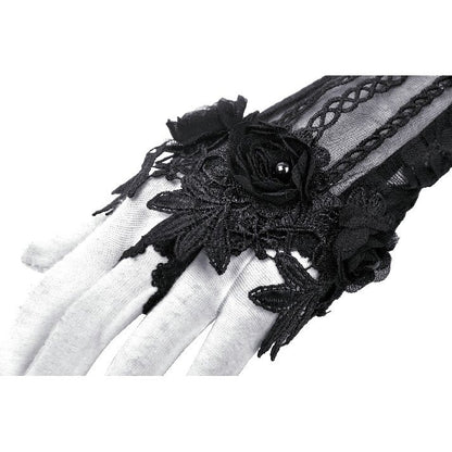 Dark in Love Ottilie black lace fingerless gloves pair with intricate gothic embroidery