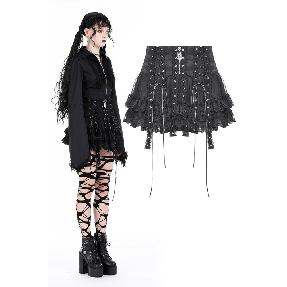 Dark in Love Wren mini skirt gothic black lace mini skirt with demon and angel wing charm