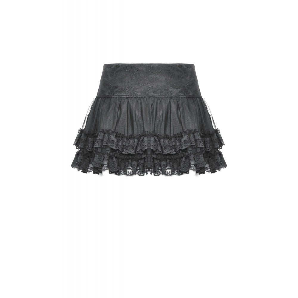 Dark in Love Wren gothic mini skirt worn by model back view with lace frill hem