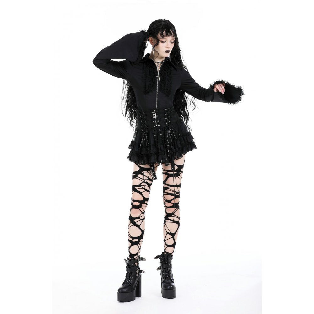Dark in Love Wren mini skirt gothic black lace skirt worn by model front view