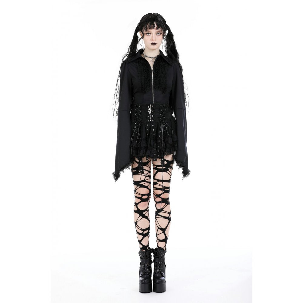 Dark in Love Wren lace mini skirt styled with gothic outfit and patterned tights