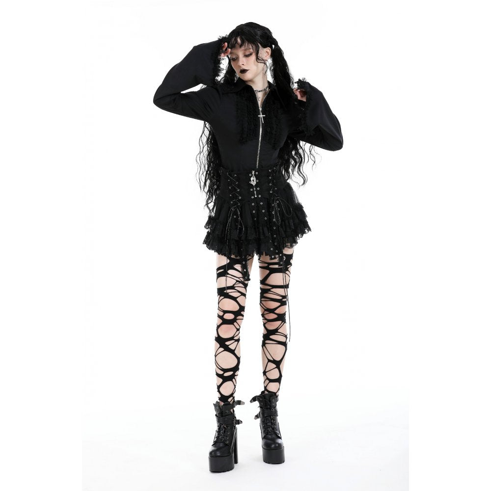 Dark in Love Wren gothic lace mini skirt worn by model side view

