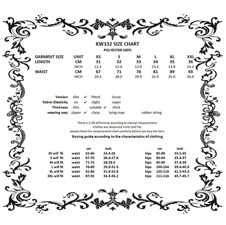 Dark in Love Wren mini skirt size chart measurement guide