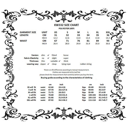 Dark in Love Wren mini skirt size chart measurement guide