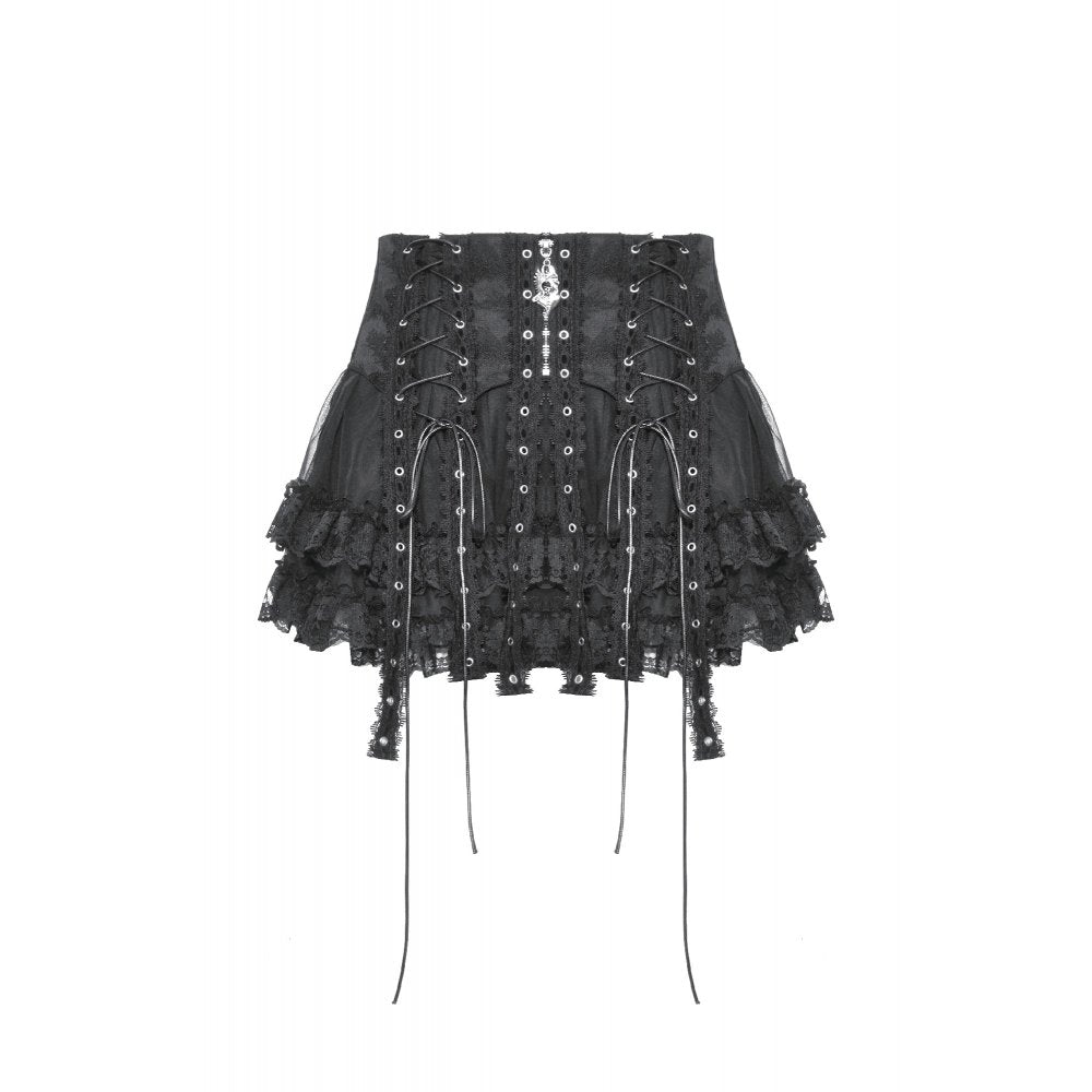 Dark in Love Wren mini skirt gothic black lace skirt worn by model front view