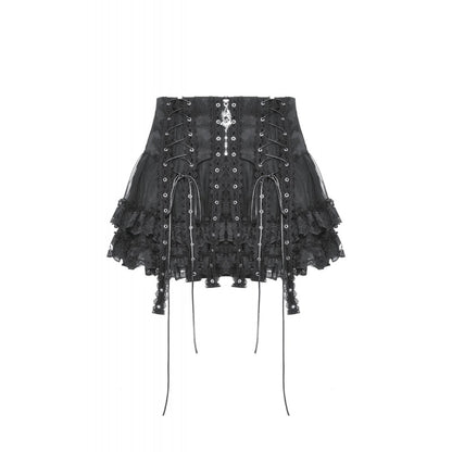 Dark in Love Wren mini skirt gothic black lace skirt worn by model front view