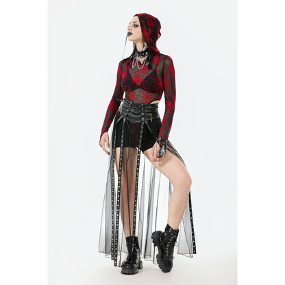 Dark in Love Gothic Sheer Mesh Maxi Skirt with PU Waist Corset