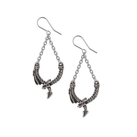 Dragon Earrings in gothic pewter design with coiled dragon and dangling chains, showcasing elegance and mythical charm.