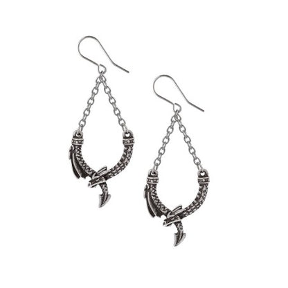 Dragon Earrings in gothic pewter design with coiled dragon and dangling chains, showcasing elegance and mythical charm.