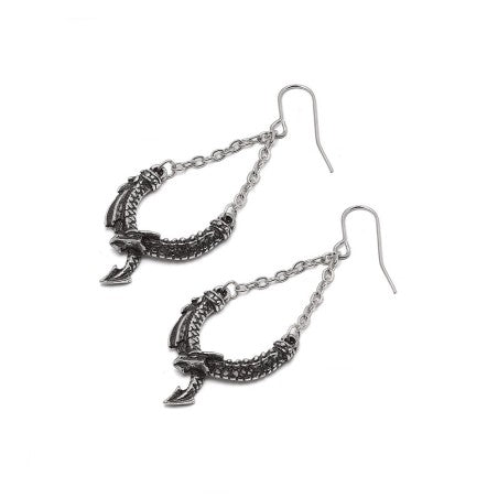 Dragon Earrings in gothic design, with coiled dragon detail and delicate chains, handcrafted in pewter.