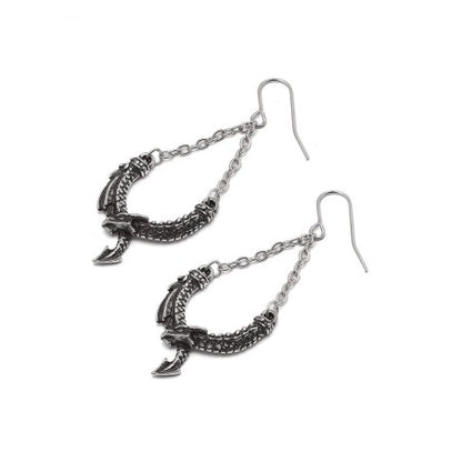 Dragon Earrings in gothic design, with coiled dragon detail and delicate chains, handcrafted in pewter.