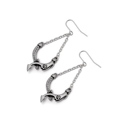 Dragon Earrings in gothic pewter design with coiled dragons and delicate chains, showcasing elegant movement.