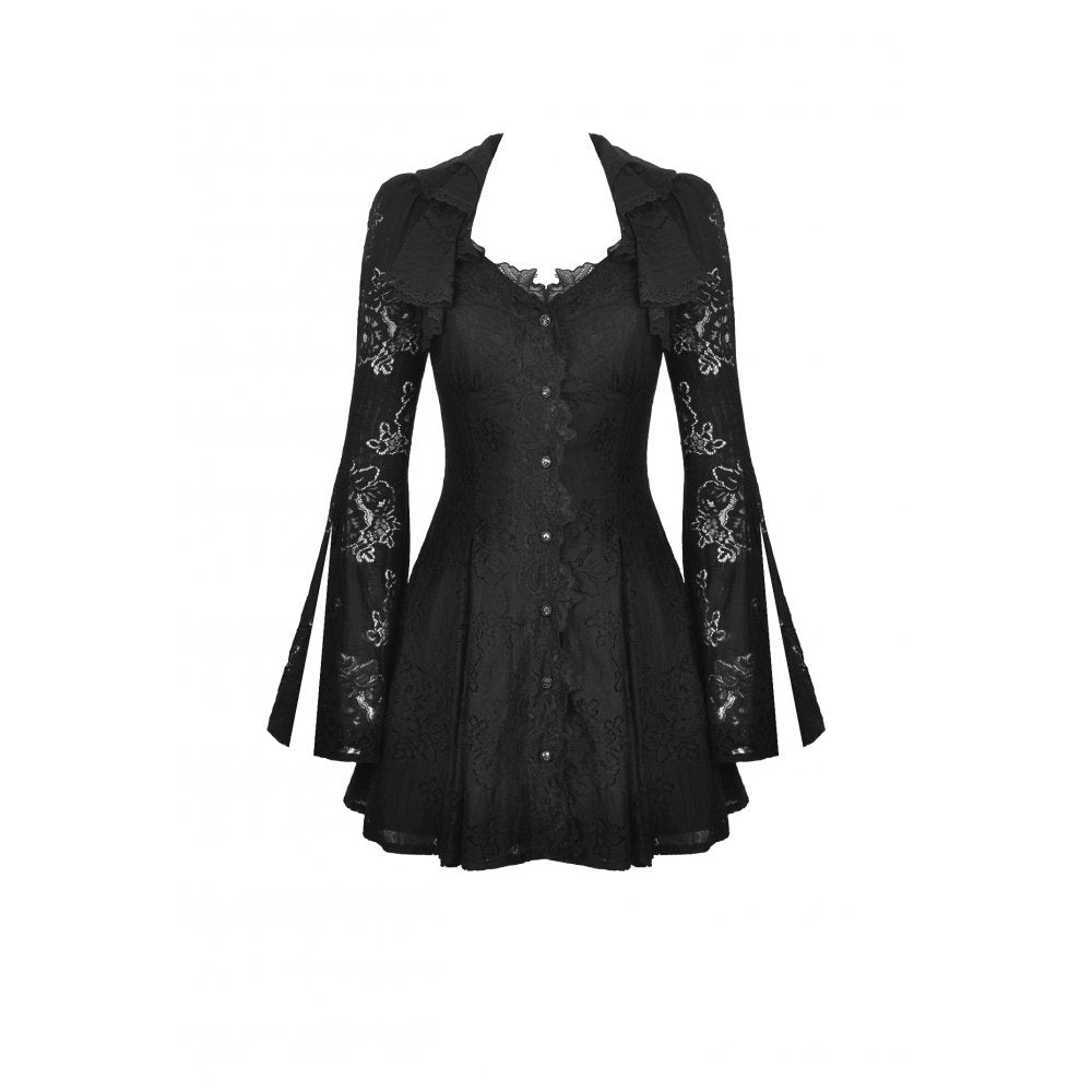 Dark in Love Luca Black Hollow Lace Gemstone Button Adjustable Waist Dress