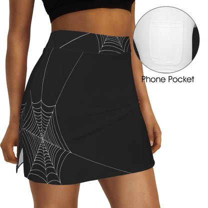 ANTIBrand black mini skirt with white spider-web print and hidden phone pocket