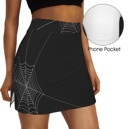 ANTIBrand black mini skirt with white spider-web print and hidden phone pocket